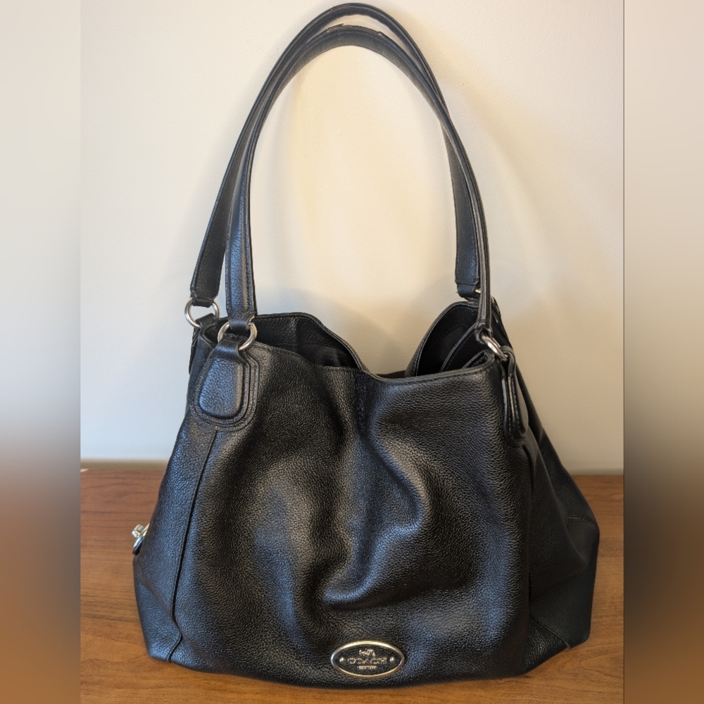 Coach Edie 2014 Shoulder Bag Black Pebble Leather with Three Compartments